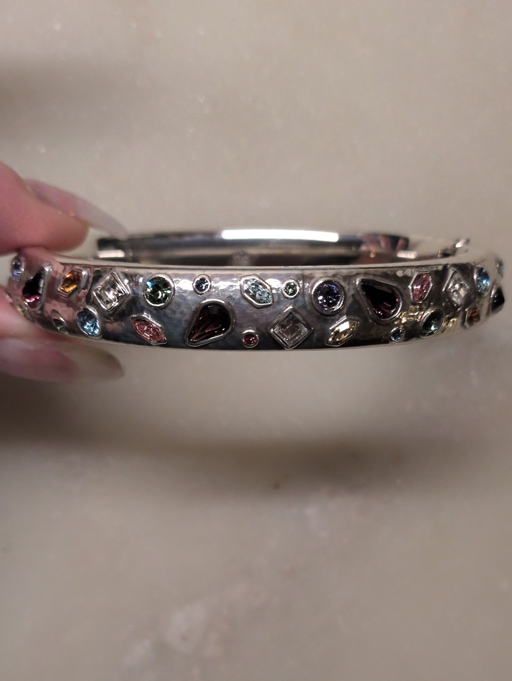 Brighton RARE Bejeweled Hinge Bracelet Mosaic Multi Color Crystals Silver